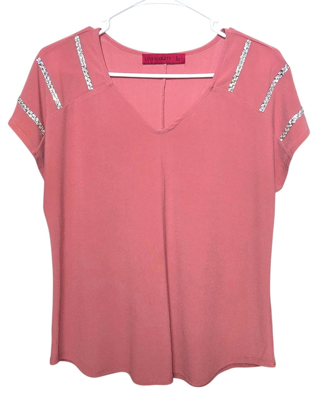 Love Scarlett Rose Pink V-Neck Short Sleeve Top with Sequin Shoulder Stripes